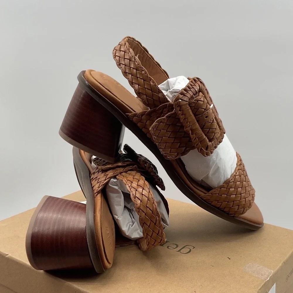 Gentle Souls Madylyn woven Leather Block Heel Sandals Cognac Brown Size 9